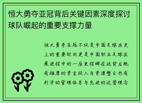 恒大勇夺亚冠背后关键因素深度探讨球队崛起的重要支撑力量 恒大勇夺亚冠背后关键因素深度探讨球队崛起的重要支撑力量